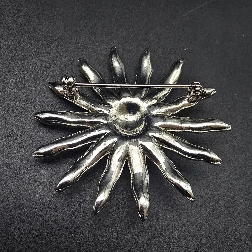Rhinestone Sunburst Brooch Silver Tone Celestial Vintage Costume Jewelry